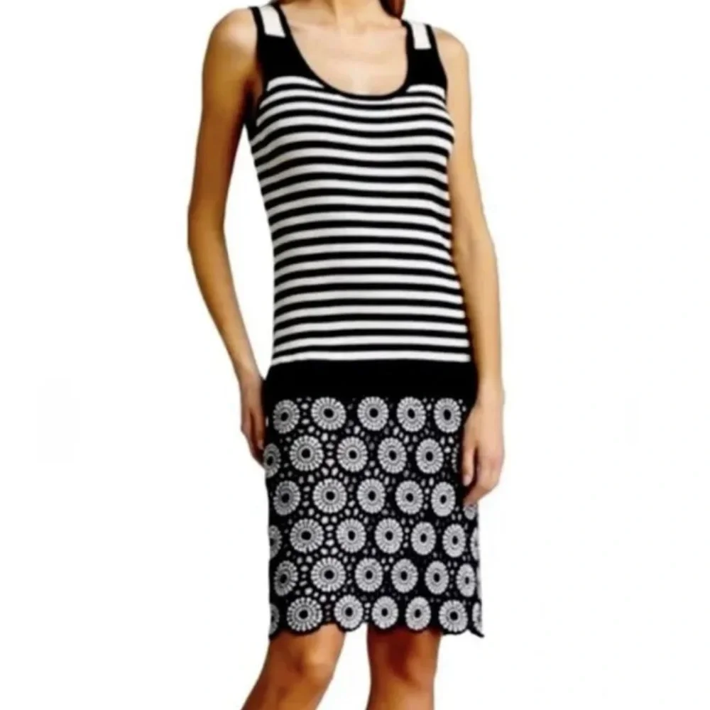 Tory Burch Black and White Striped Midi Dress with Floral Skirt
